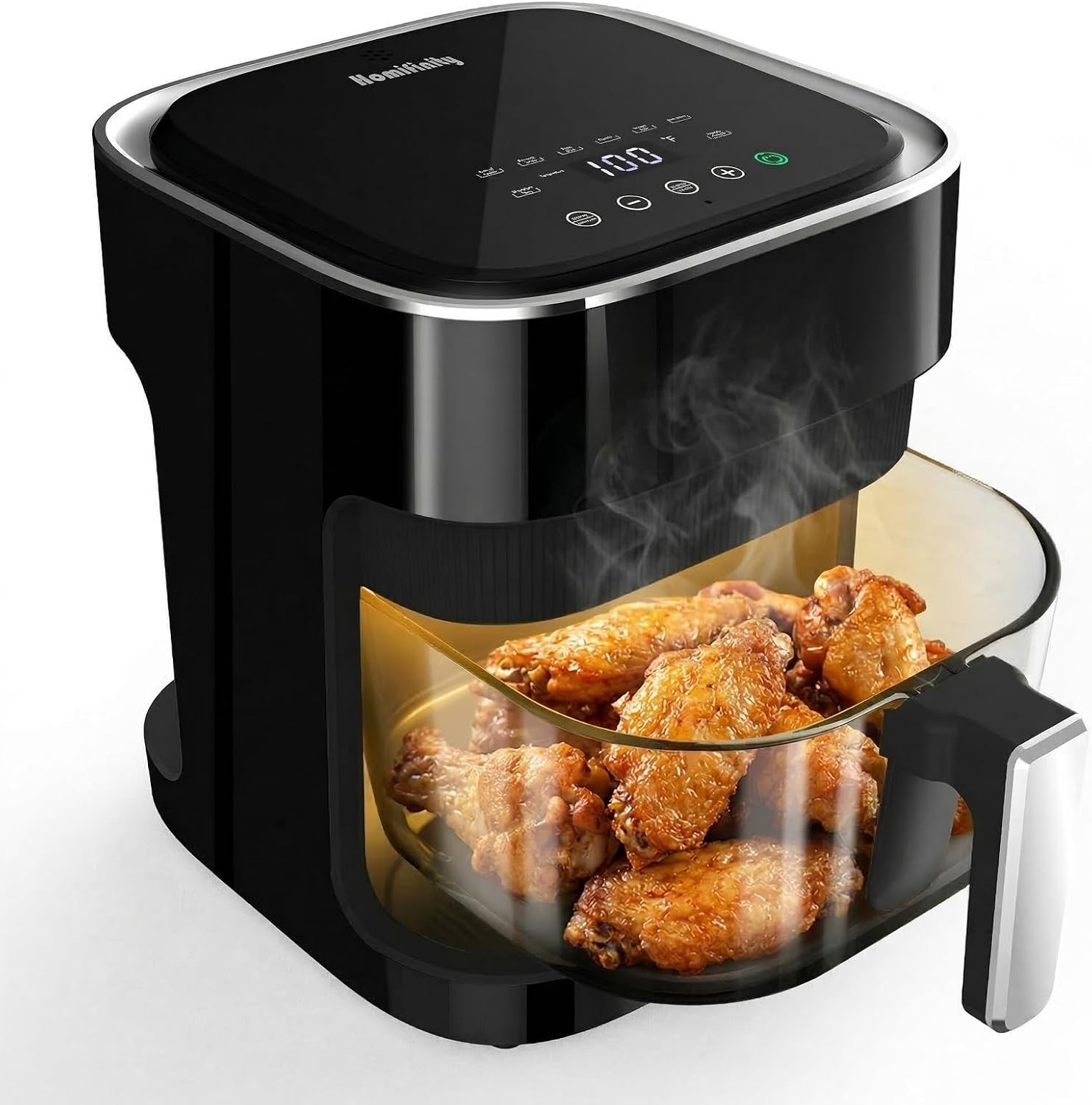 Glass Air Fryer, Non-Toxic Borosilicate Glass Basket with 360° View, Upgraded Food-Grade Stainless Steel Tray, 8-in-1 One-Touch Presets, Teflon-Free & Dishwasher Safe, Black